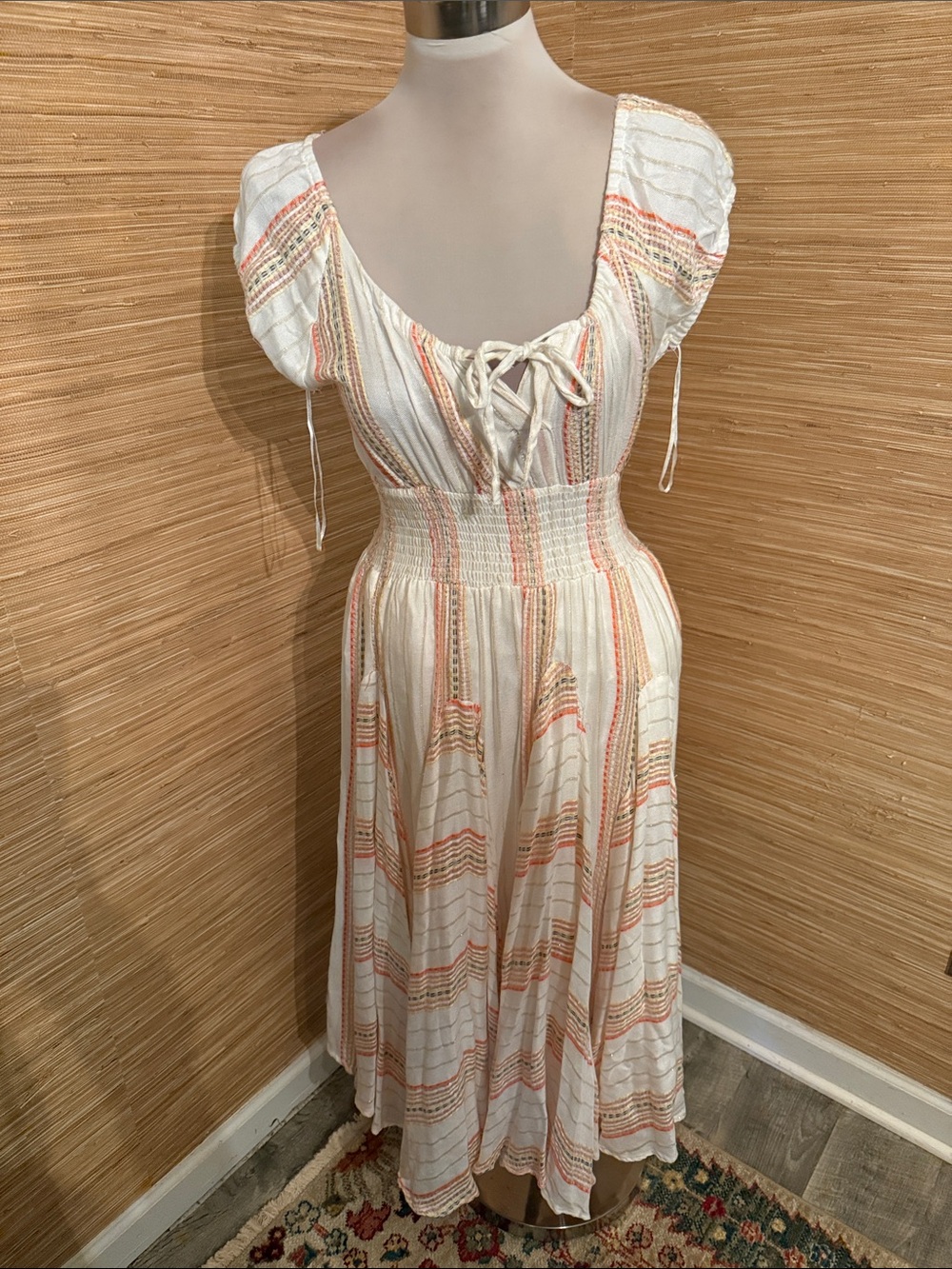 Philosophy White Midi Dress with Peach Stripe Accents